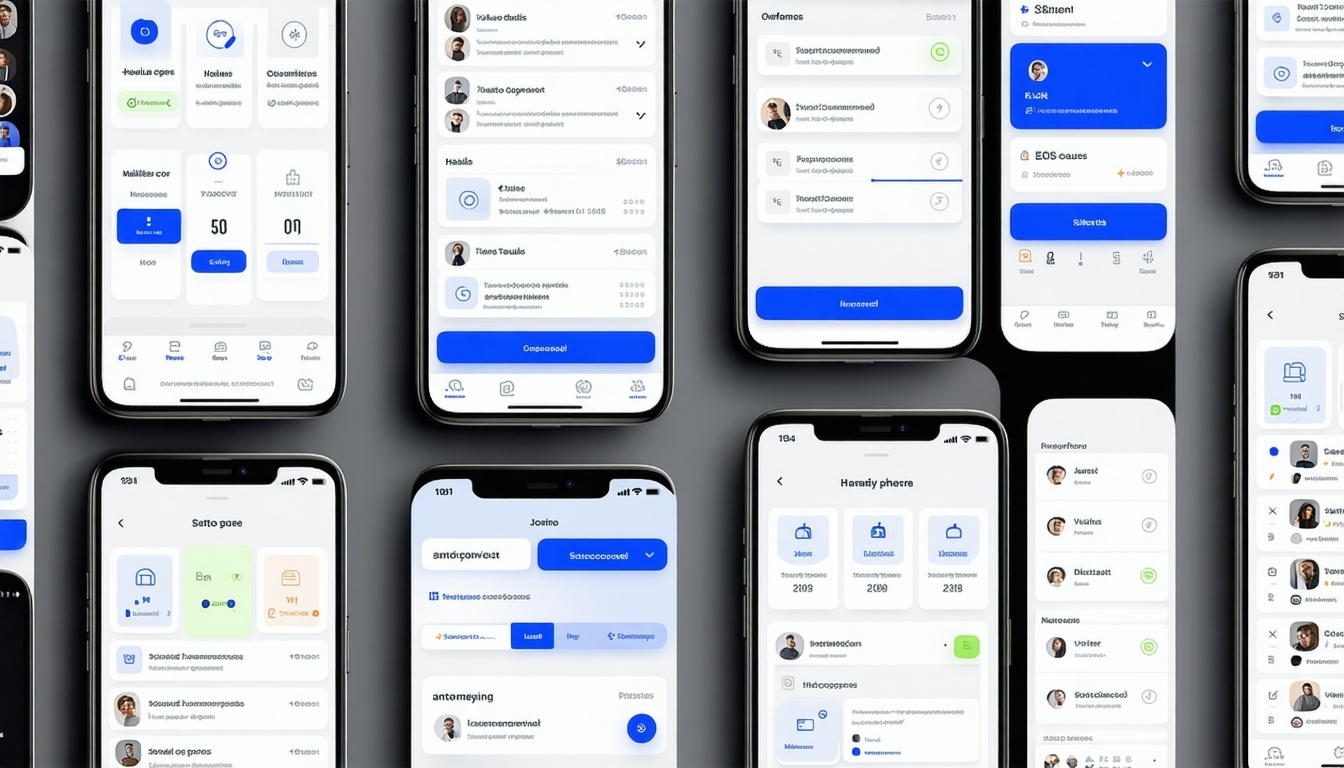Mobile app interface displayed on multiple smartphones